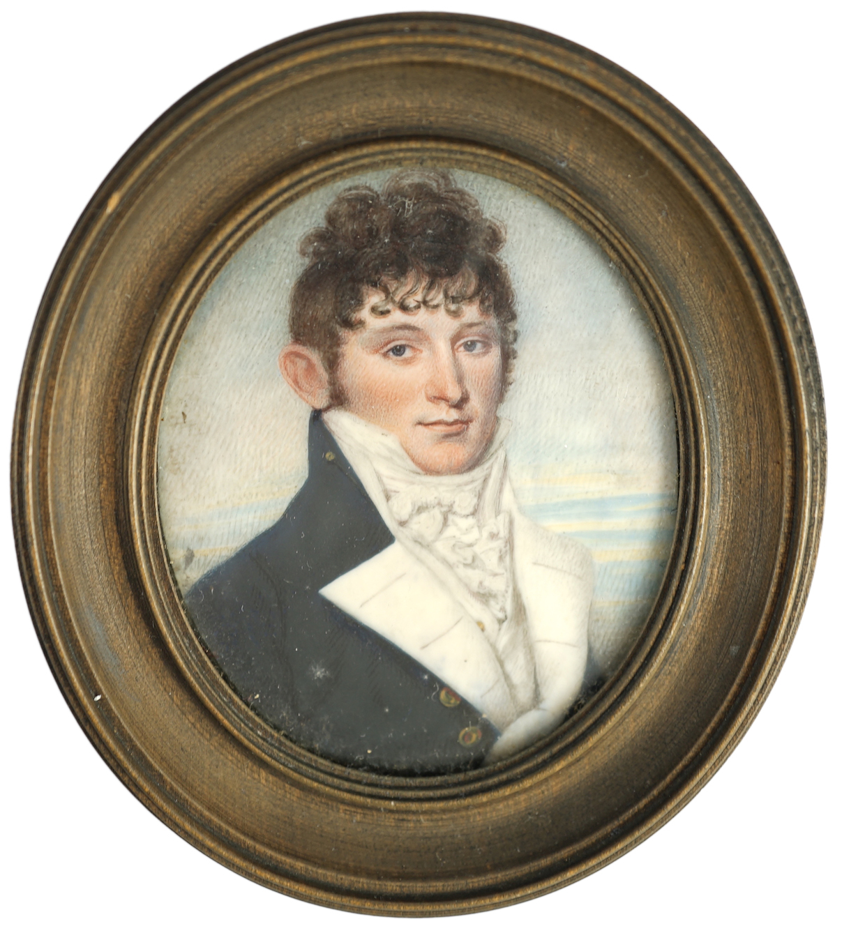 French School circa 1830, Portrait miniature of a naval officer, the sea beyond, watercolour on ivory, 6.2 x 5.3cm. CITES Submission reference REMVJFRP